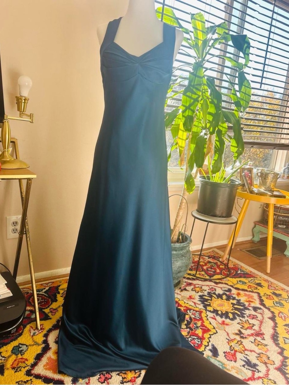 Elegant Calvin Klein satin maxi dress in a rich deep green